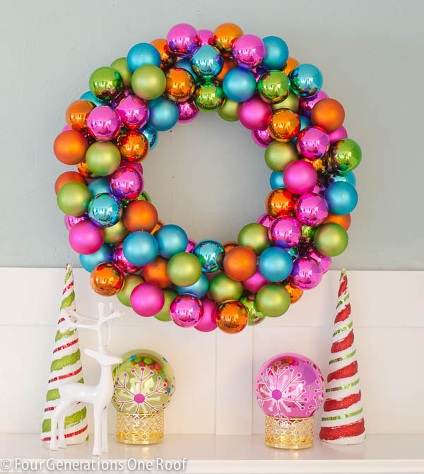 Add some bright and shiny cheer to your door with an ornament wreath.