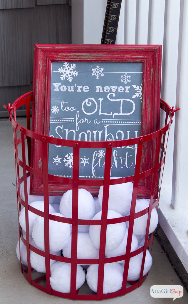 Winter Front Porch Idea | Basket of Snowballs You're Never Too Old For A Snowball Fight | Add some winter cheer to your porch.