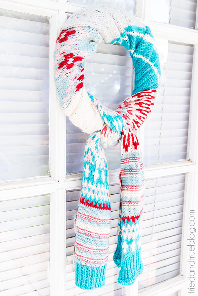Winter Porch Decoration Ideas | 10-Minute-Wreath-With-A-Scarf- This 10-minute scarf wreath adds just enough warm cheer to get any one into the holiday spirit.